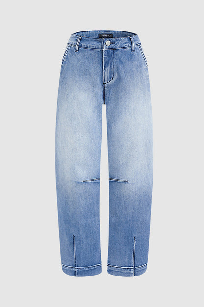 Wash Stitch Detail Mid Rise Barrel Leg Crop Jeans Without Belt