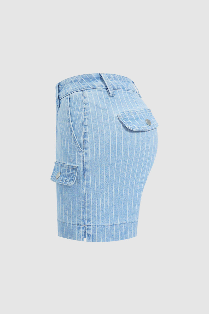 Pinstriped Split Flap Decor Mid Waist Denim Mid Thigh Shorts Without Belt