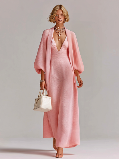 Stylish Elegant Pink V-neck Knit Maxi Dress Loose Bracelet Sleeves Cardigan Knit Two-Piece Set