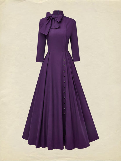 Robe longue en coton, Manches Mi-longues, Col Roulé, Unie, Boutonnée, Vintage, Violet Foncé, Halloween
