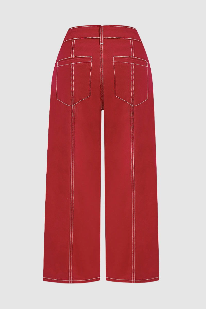 Contrast Stitch Mid Rise Wide Leg Crop Pants