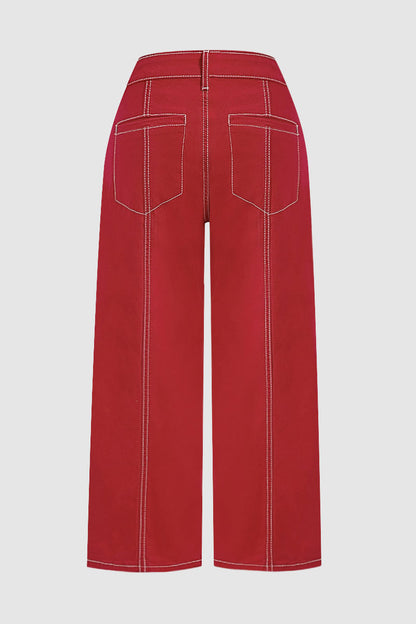 Contrast Stitch Mid Rise Wide Leg Crop Pants