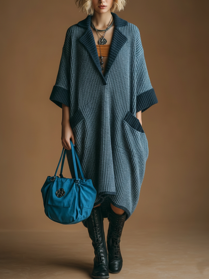 Chic Casual Dark Blue Notch Laple Contrast Trim Short-Sleeve Loose Ribbed Knit Midi Dress