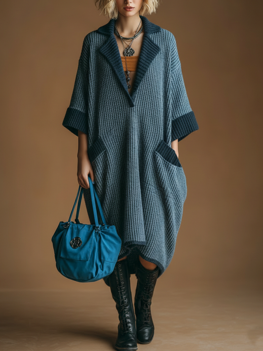 Chic Casual Dark Blue Notch Laple Contrast Trim Short-Sleeve Loose Ribbed Knit Midi Dress