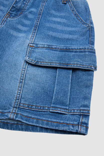 Wash Flap Pocket Seam Front Elastic Mid Rise Mid Thigh Denim Shorts