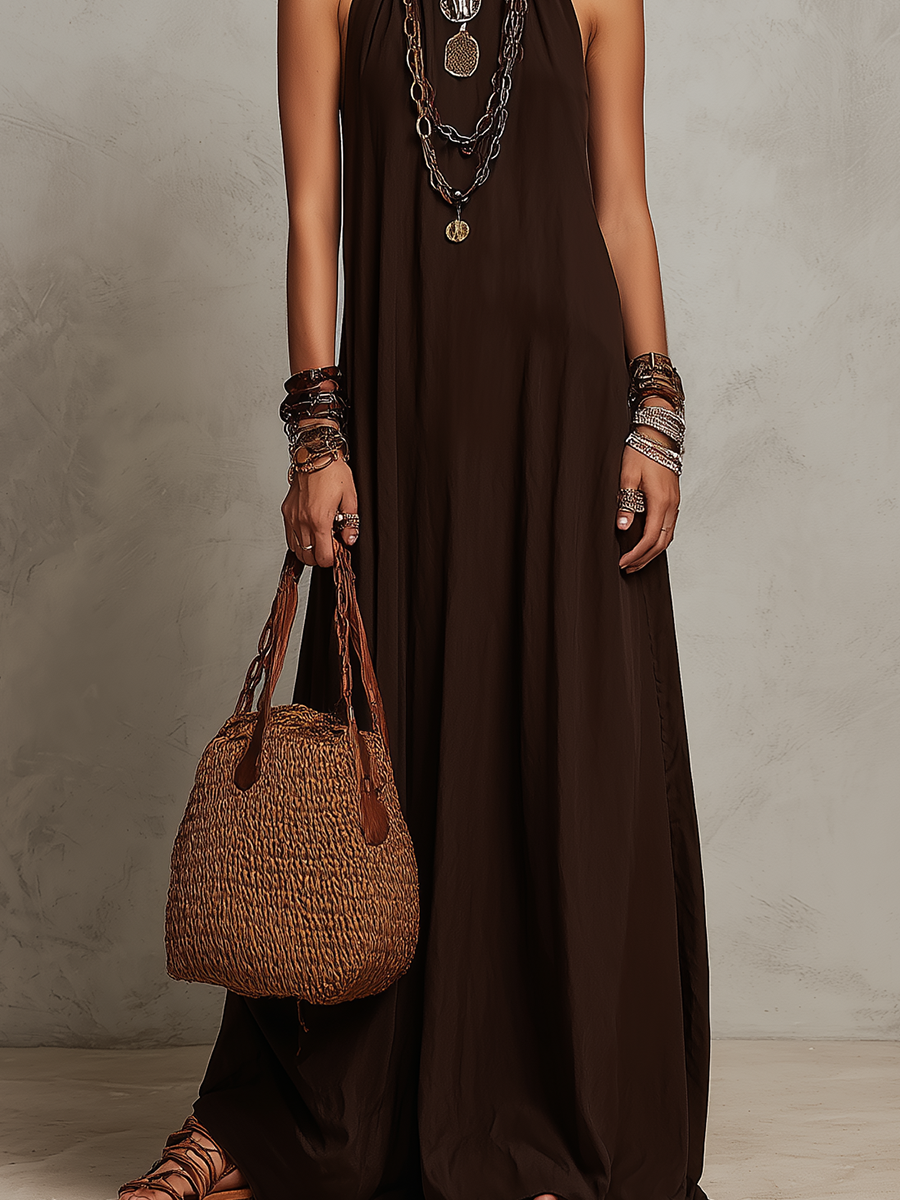 Robe longue minimaliste marron foncé à col licou