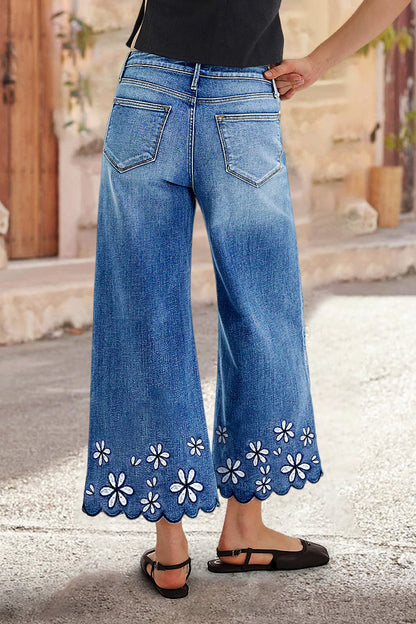Floral Embroidery Scallop Trim Mid Rise Wide Leg Crop Jeans