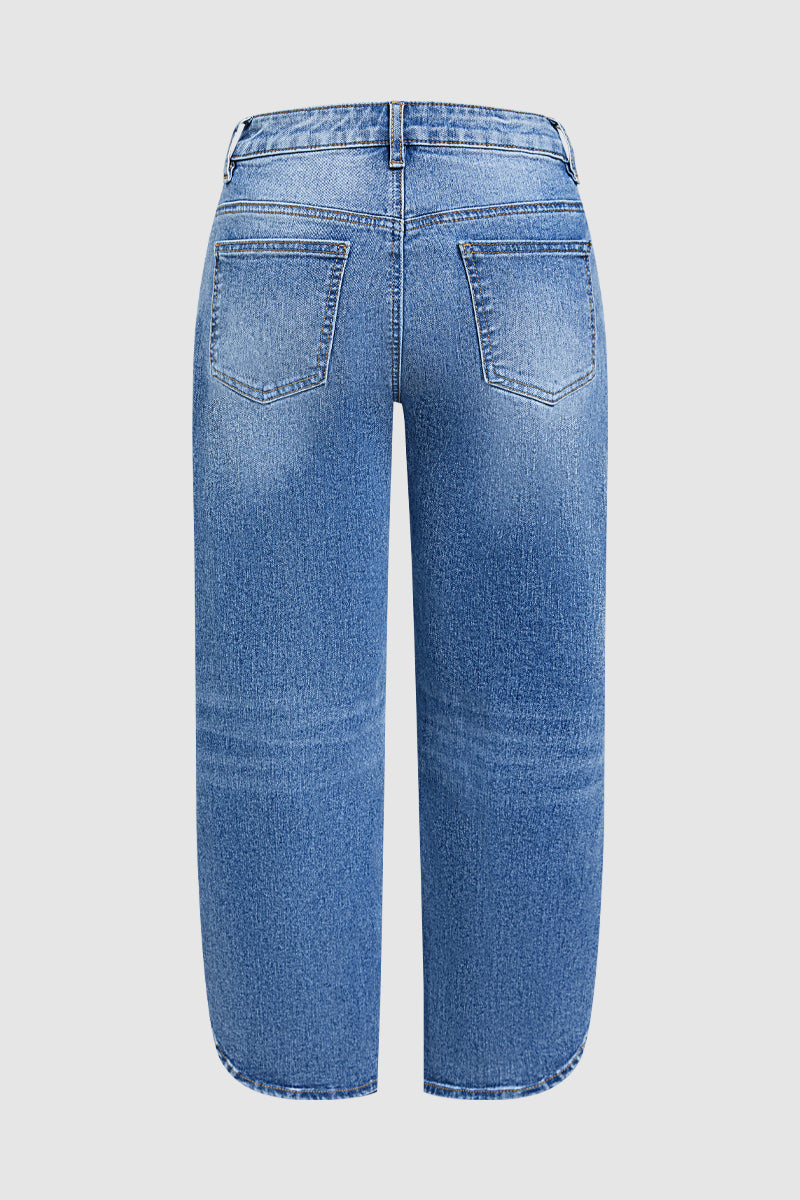 Wash Side Split Hem Detail Mid Waist Wide Leg Cropped Jeans Without Belt