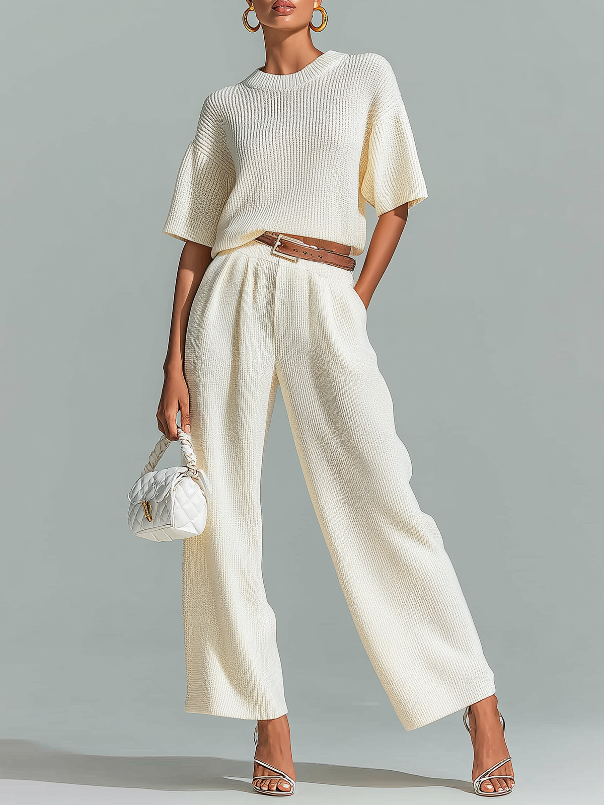 Stylish Elegant White Crew Neck Short-Sleeve Loose-Fit Sweater Waist Belted  Wide-Leg Pants Ribbed Knit Two-Piece Set