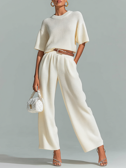 Stylish Elegant White Crew Neck Short-Sleeve Loose-Fit Sweater Waist Belted  Wide-Leg Pants Ribbed Knit Two-Piece Set