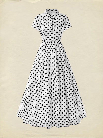 Robe longue en coton, manches courtes, col châle, à pois, vintage, blanche