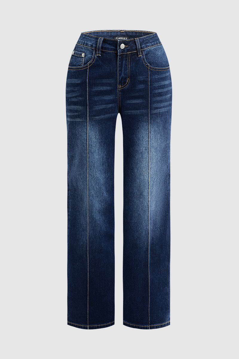 Wash Seam Front Mid Rise Straight Leg Jeans