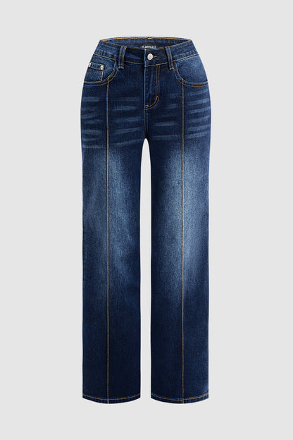 Wash Seam Front Mid Rise Straight Leg Jeans