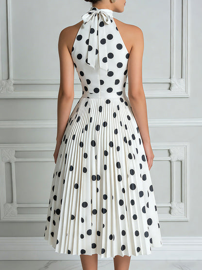 Vintage-Inspired Polka Dot Halter Pleated Midi Dress