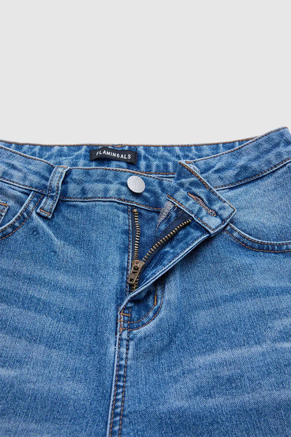Wash Ruffle Hem Split Mid Waist Wide Leg Jeans
