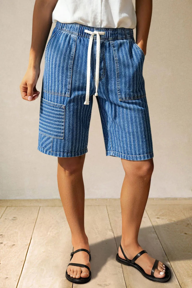 Striped Drawstring Elastic High Rise Denim Bermuda Shorts