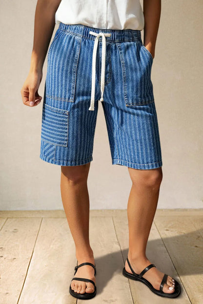 Striped Drawstring Elastic High Rise Denim Bermuda Shorts