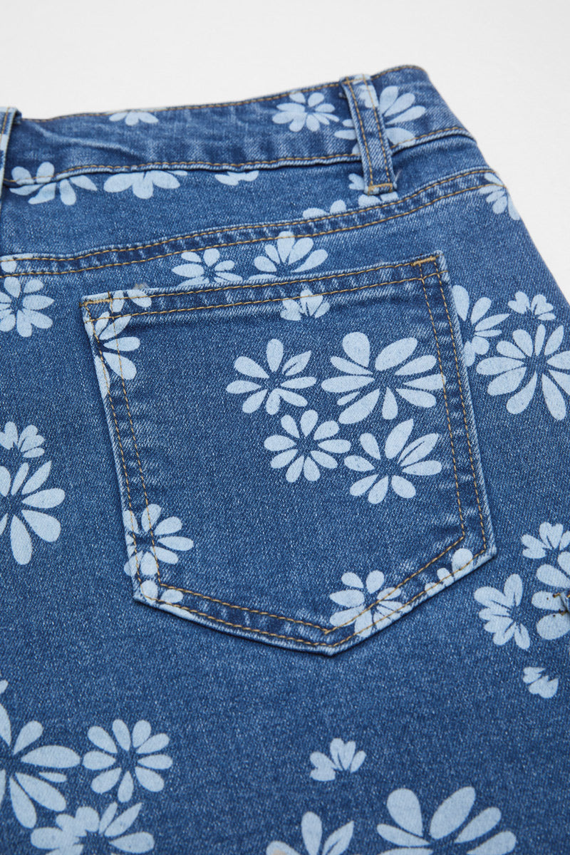 Floral Print Roll Hem Drawstring High Waist Barrel Leg Crop Jeans