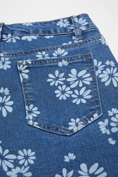 Floral Print Roll Hem Drawstring High Waist Barrel Leg Crop Jeans