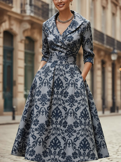 Robe midi en lin, manches courtes, col châle, motif cachemire, poches, vintage, bleue