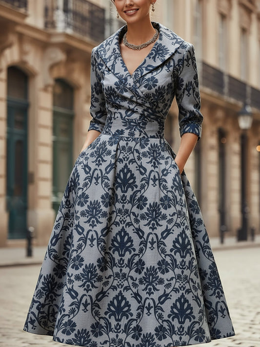 Robe midi en lin, manches courtes, col châle, motif cachemire, poches, vintage, bleue