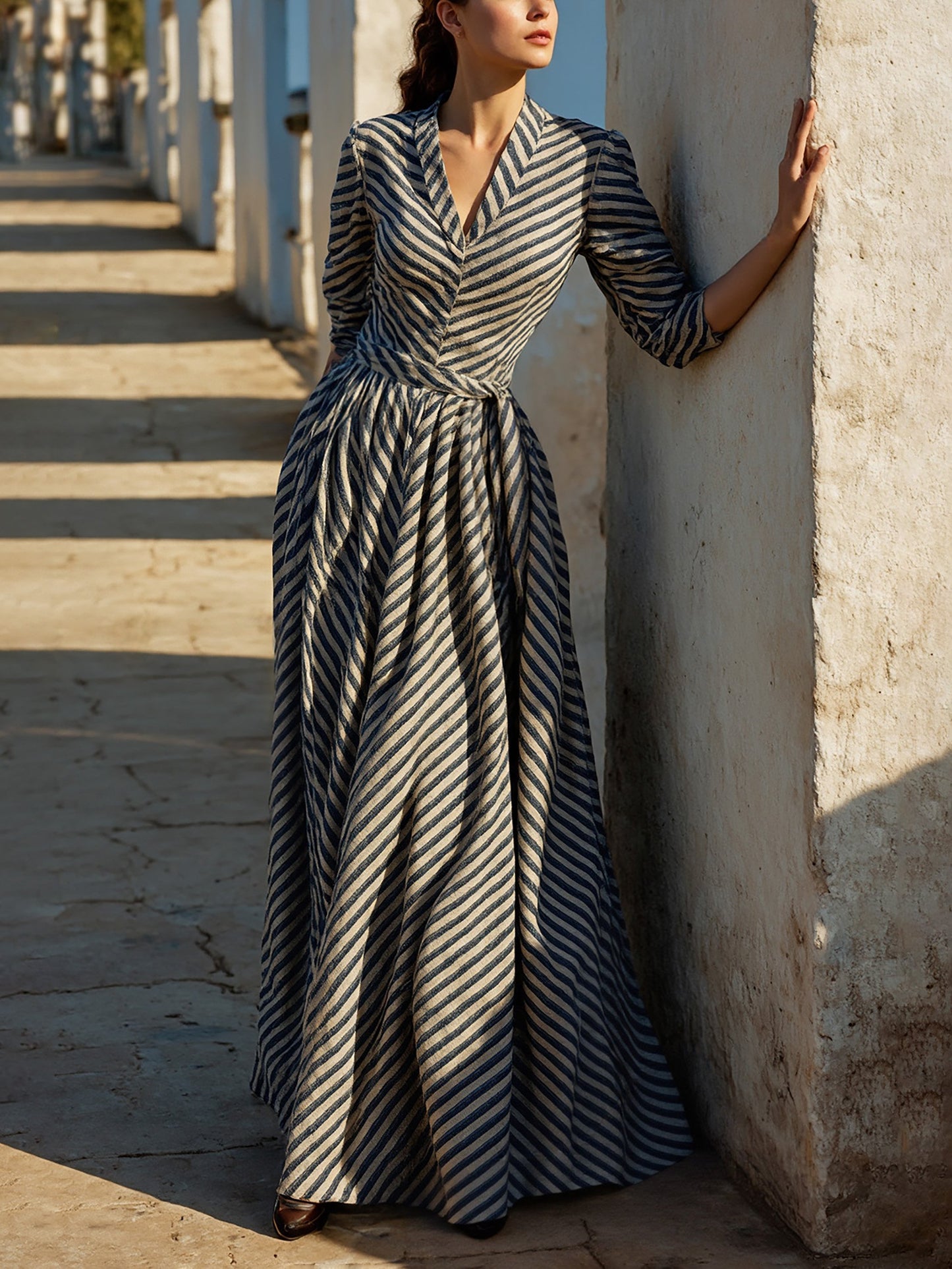 Robe longue en coton, manches courtes, col en V, rayée, style vintage français, bleue
