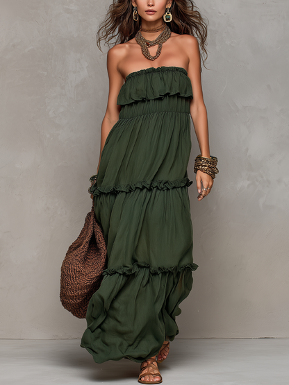 Robe longue à volants étagée vert olive style bohème