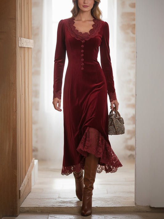 Robe midi en coton, manches longues, col rond, unie, dentelle, vintage, rouge