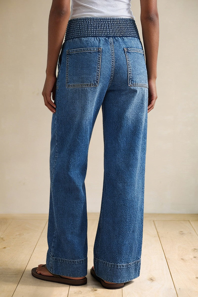 Wash Patch Pocket Tie Front Shirred High Rise Wide Leg Jeans
