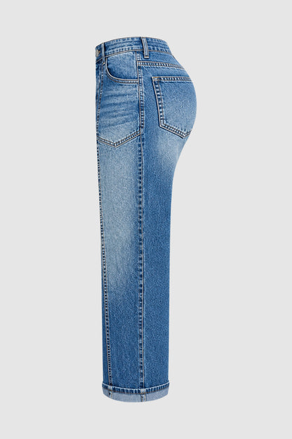 Wash Seam Front Patch Pocket Mid Rise Wide Leg Crop Jeans Without Belt