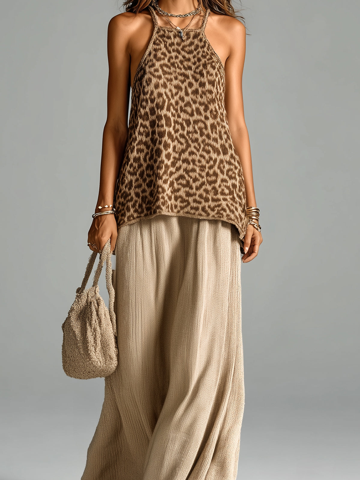 Chic Elegant Brown Leopard Jacquard Halter Sleeveless Loose-Fit Camisole A-Line Maxi Skirt Knit Two-Piece Set
