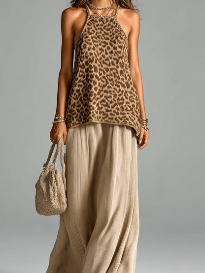 Chic Elegant Brown Leopard Jacquard Halter Sleeveless Loose-Fit Camisole A-Line Maxi Skirt Knit Two-Piece Set