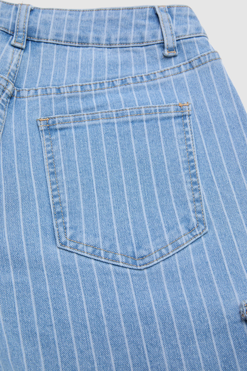 Pinstriped Flap Pocket High  Waist Denim Bermuda Shorts