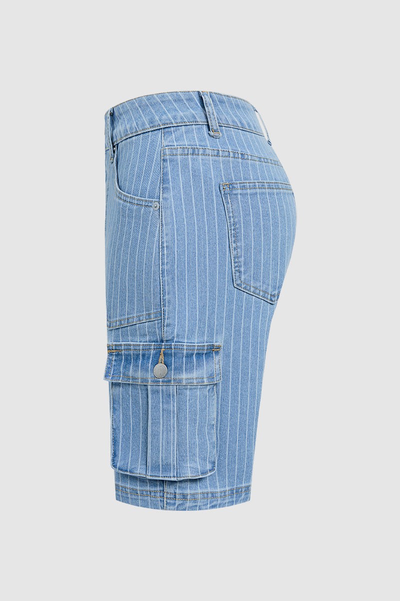Pinstriped Flap Pocket High  Waist Denim Bermuda Shorts