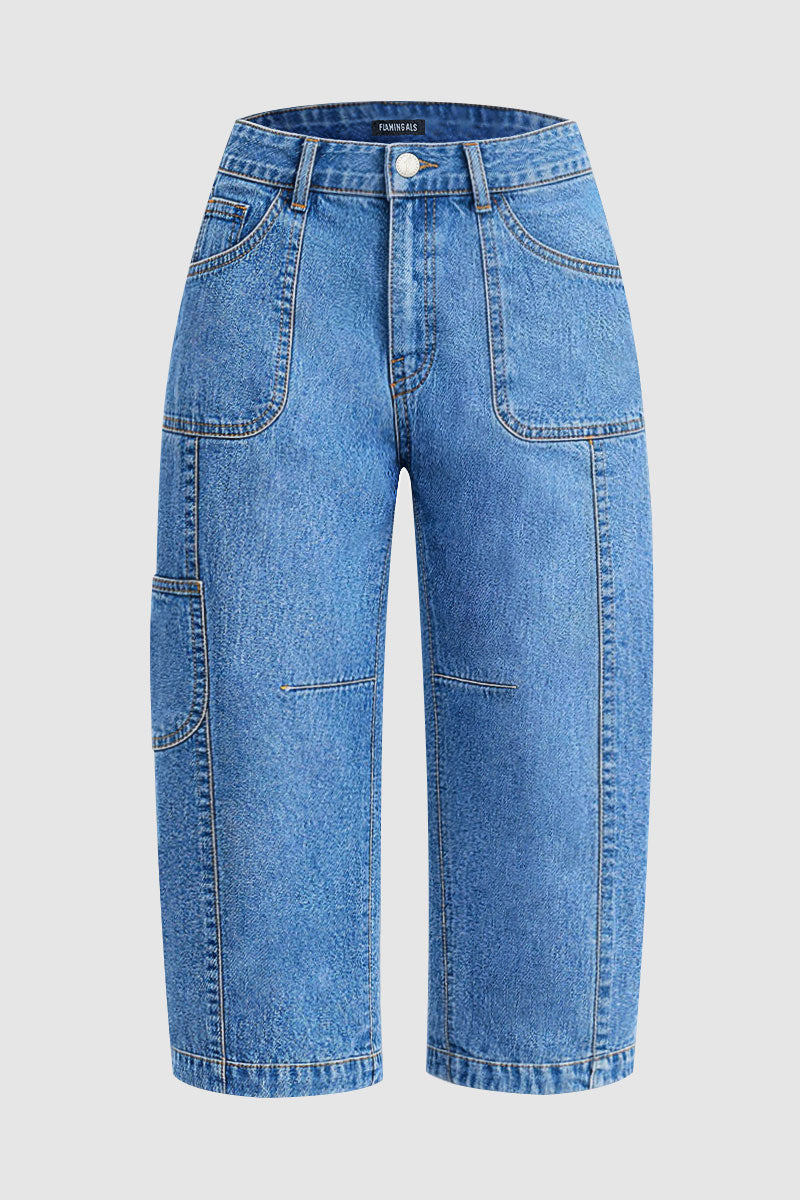 Patch Pocket Seam Detail Mid Rise Barrel Leg Capri Jeans Without Belt