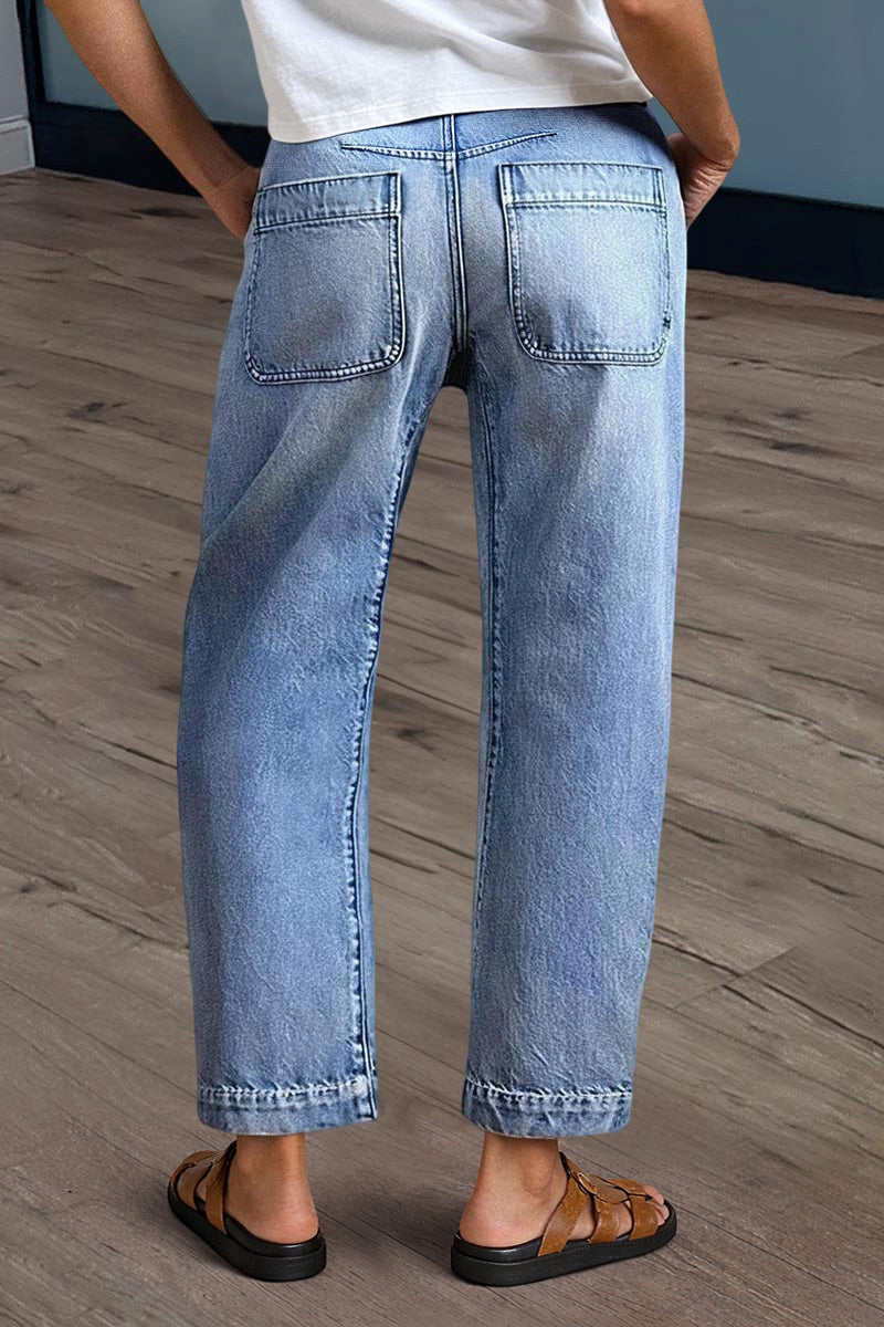 Wash Stitch Detail Mid Rise Barrel Leg Crop Jeans Without Belt
