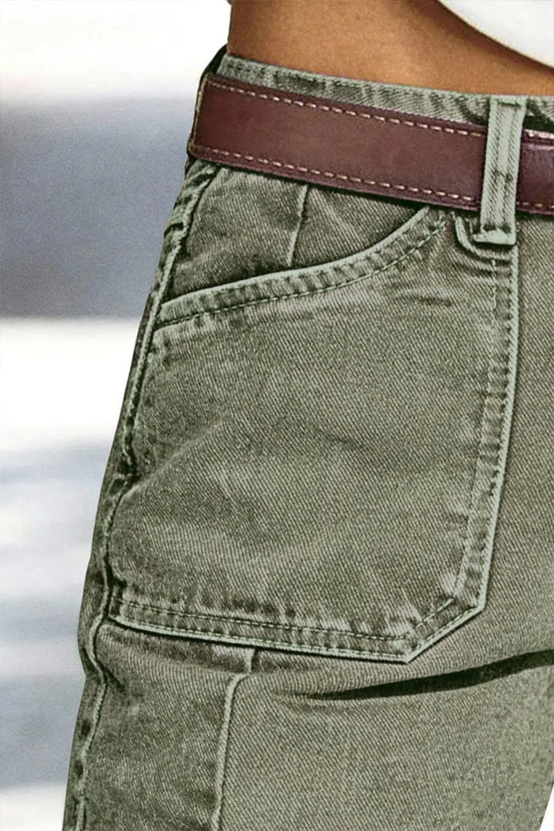 Stitch Detail Side Pocket Mid Waist Straight Leg Capri Pants Without Belt