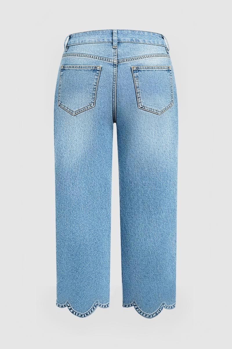 Wash Scallop Hem Mid Waist Straight Leg Crop Jeans