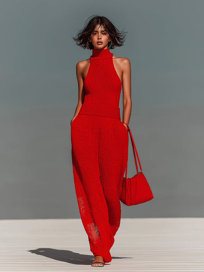 Chic Elegant Red Mock Neck Sleeveless Loose-Fit Wide Leg Mesh Knit Jumpsuit