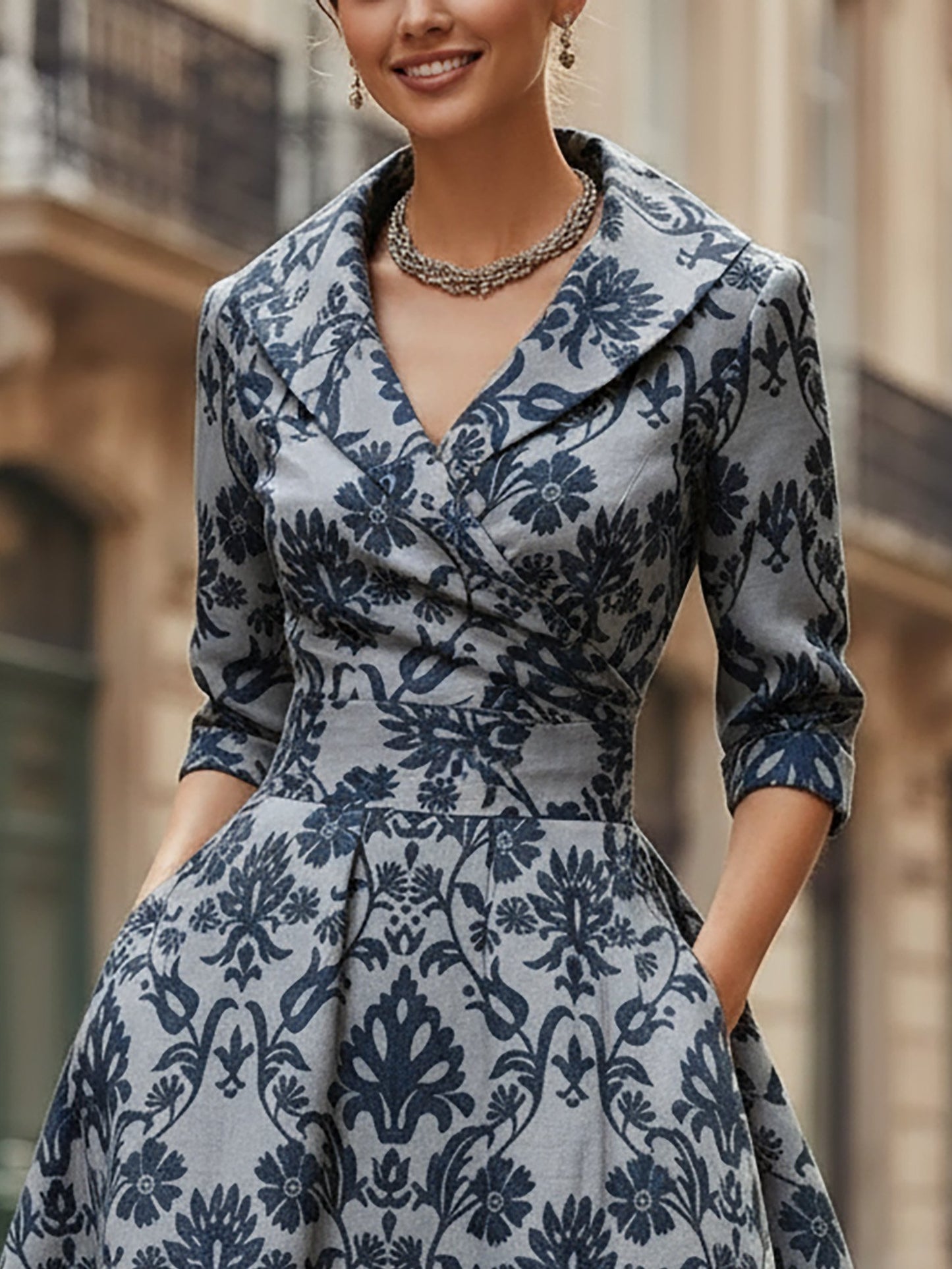 Robe midi en lin, manches courtes, col châle, motif cachemire, poches, vintage, bleue