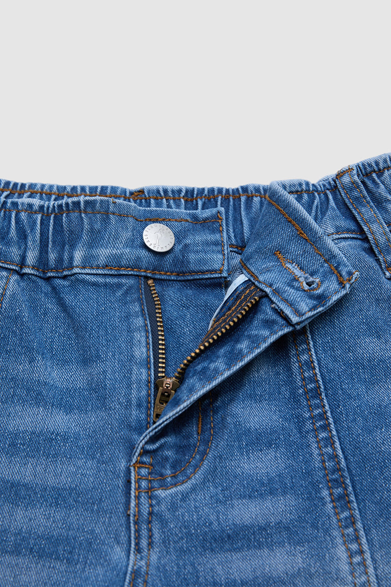 Wash Flap Pocket Seam Front Elastic Mid Rise Mid Thigh Denim Shorts