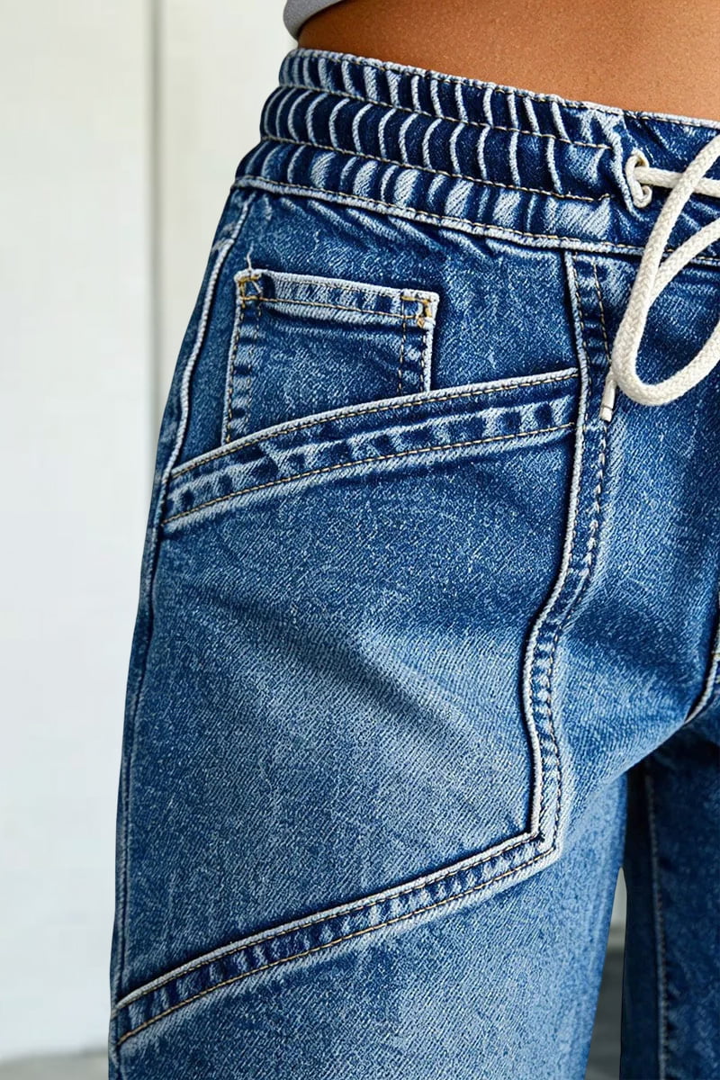 Raw Hem Stitch Detail Drawstring High Waist Denim Bermuda Shorts