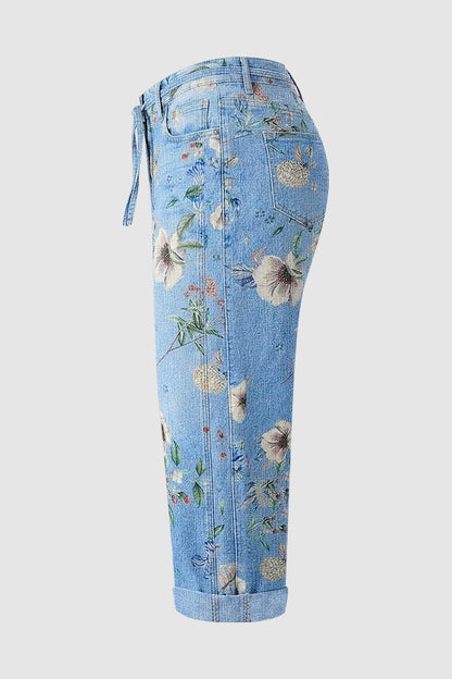 Floral Pattern Drawstring Stitch Detail Mid Waist Barrel Leg Capri Jeans