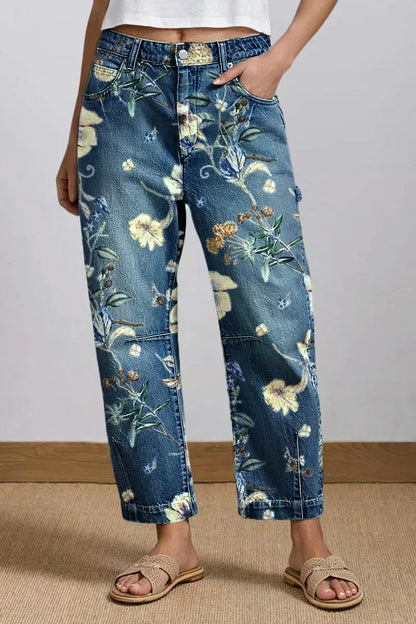 Wash Floral Print Flap Pocket Mid Rise Barrel Leg Crop Jeans