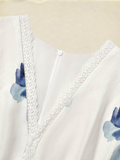 (TAILLE:XS-XXL)Robe longue en lin, sans manches, col en V, à fleurs, vintage, bleu clair