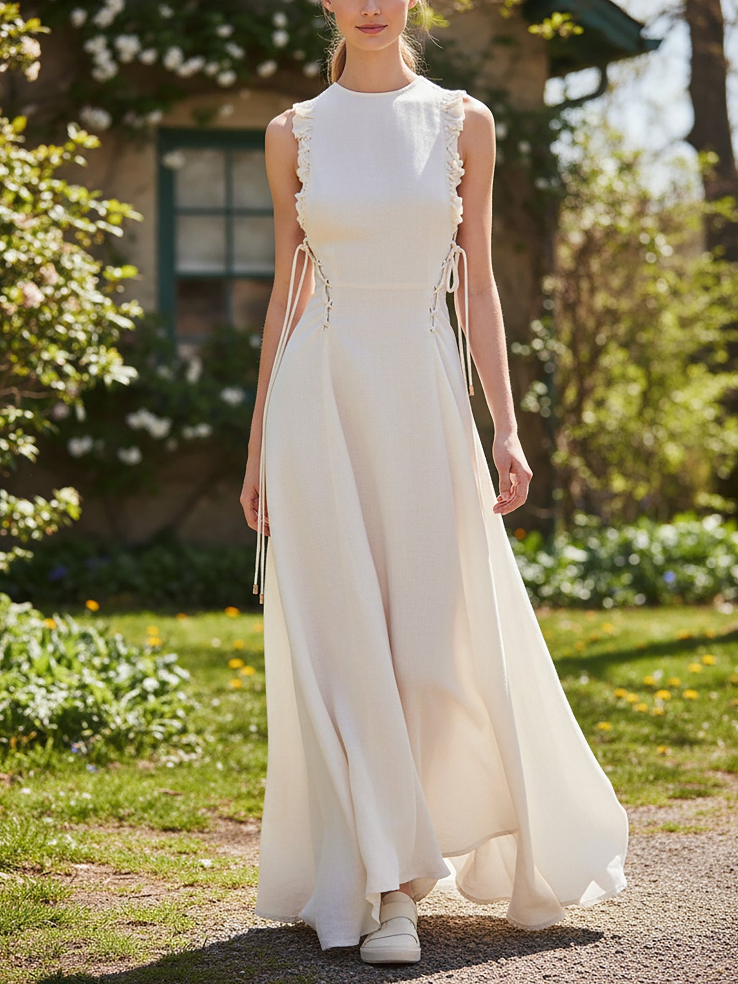 Robe longue en lin, sans manches, col rond, unie, à volants, style vintage français, blanche
