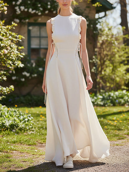 Robe longue en lin, sans manches, col rond, unie, à volants, style vintage français, blanche