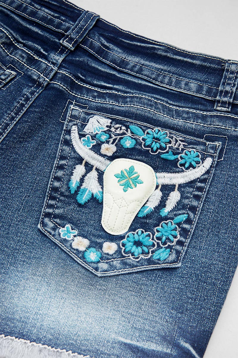 Bull & Floral Embroidered Raw Hem Mid Rise Denim Shorts