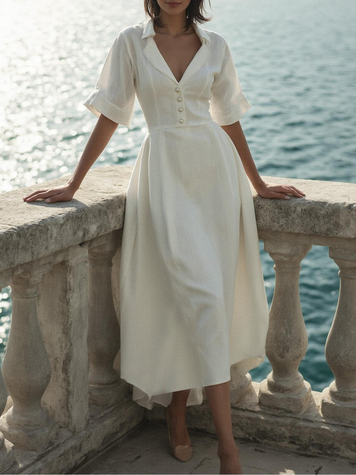 Robe longue en lin, manches courtes, col châle, unie, vintage, blanche