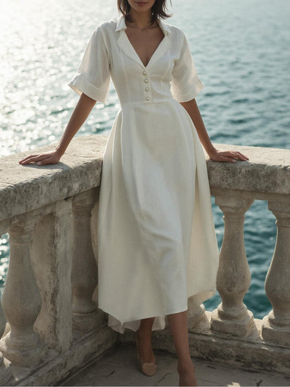 Robe longue en lin, manches courtes, col châle, unie, vintage, blanche
